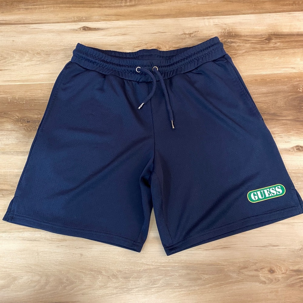GUESS Navy Blue Athletic Shorts Men's Medium‎ Logo Drawstring Pockets